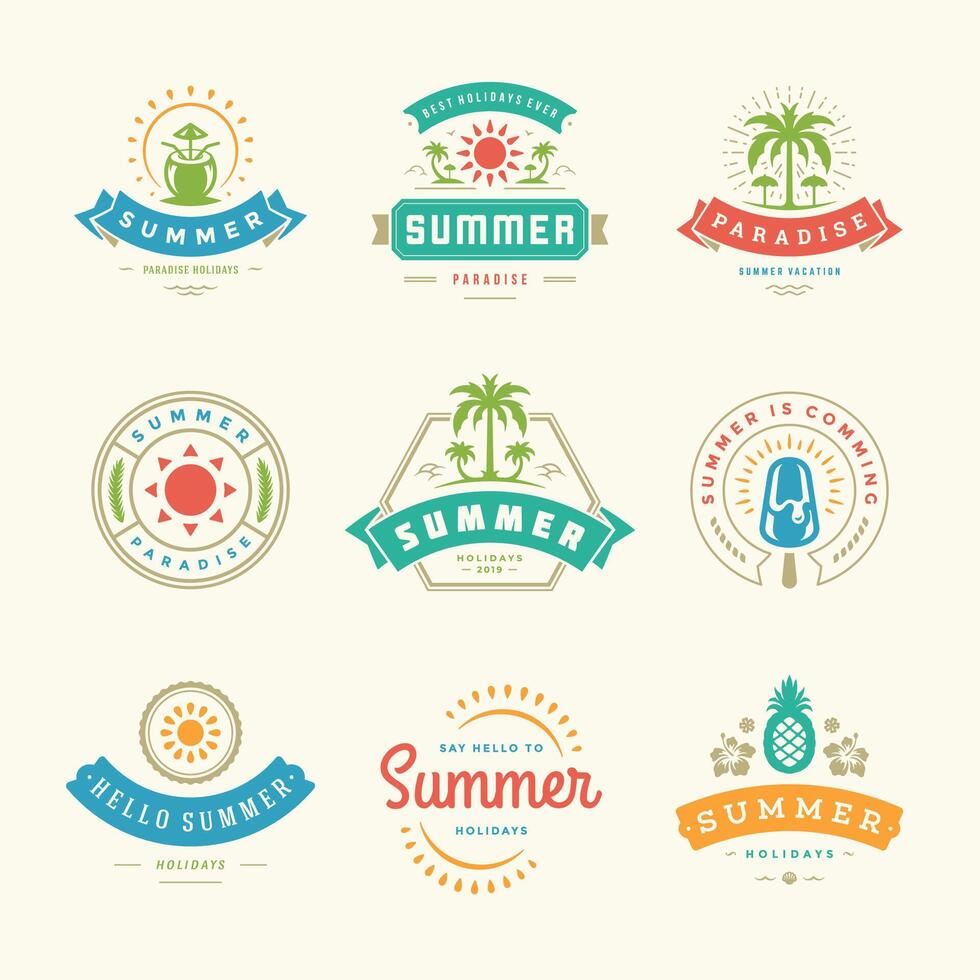 Summer holidays labels and badges retro typography design set. vector