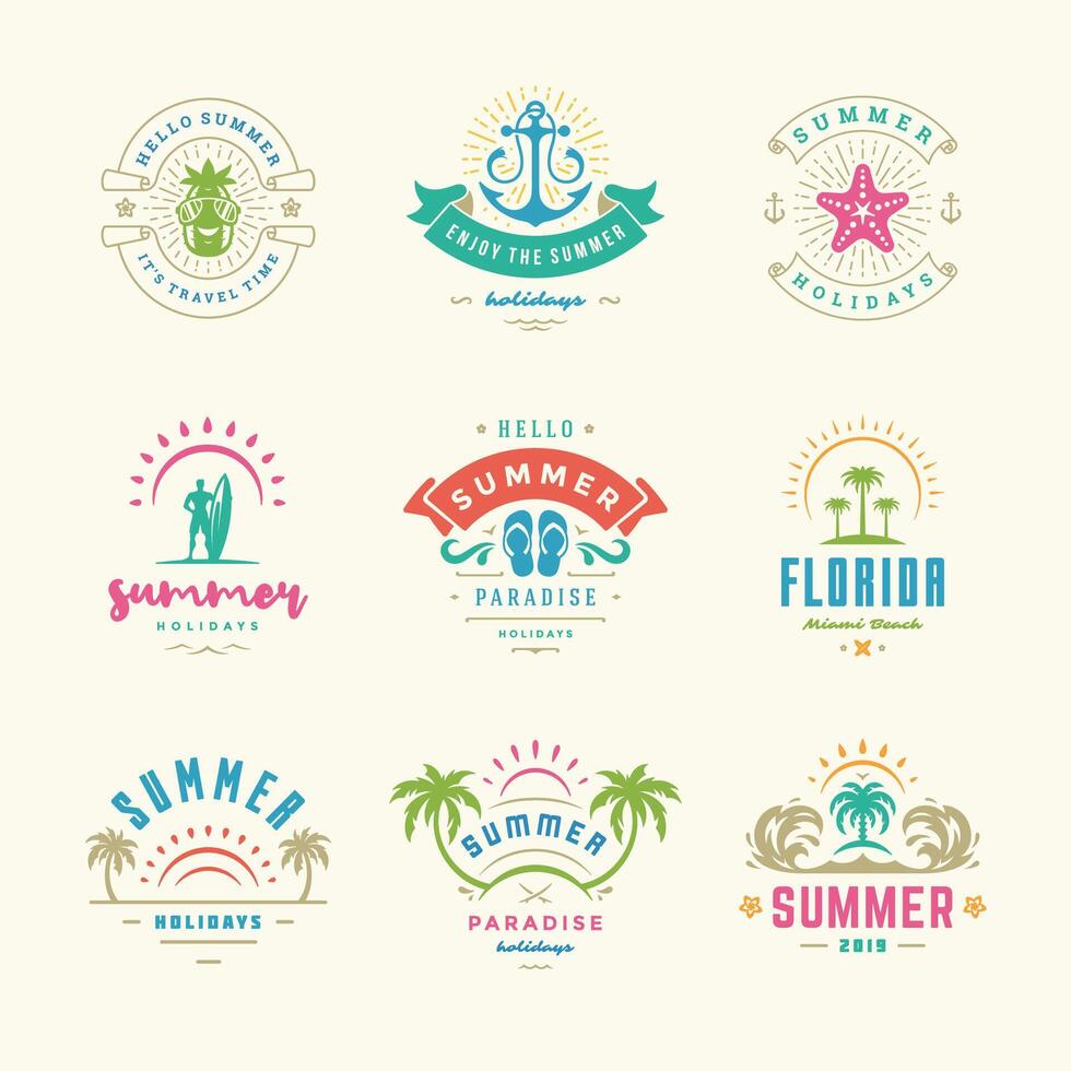 Summer holiday labels and badges retro design set vector