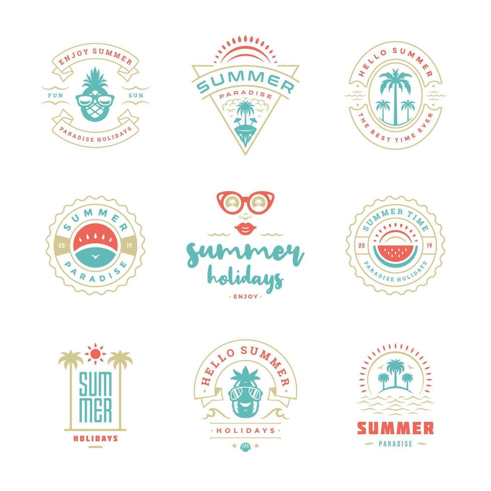 Summer holidays labels and badges retro typography design set. vector