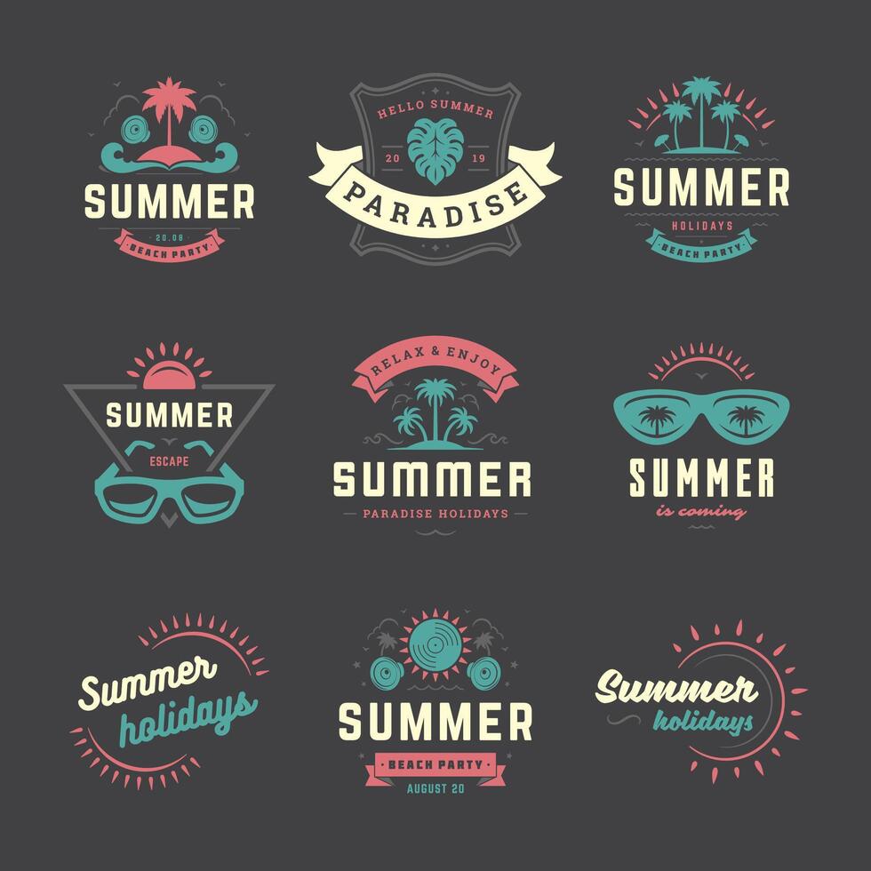 Summer holidays labels and badges retro typography design set. vector