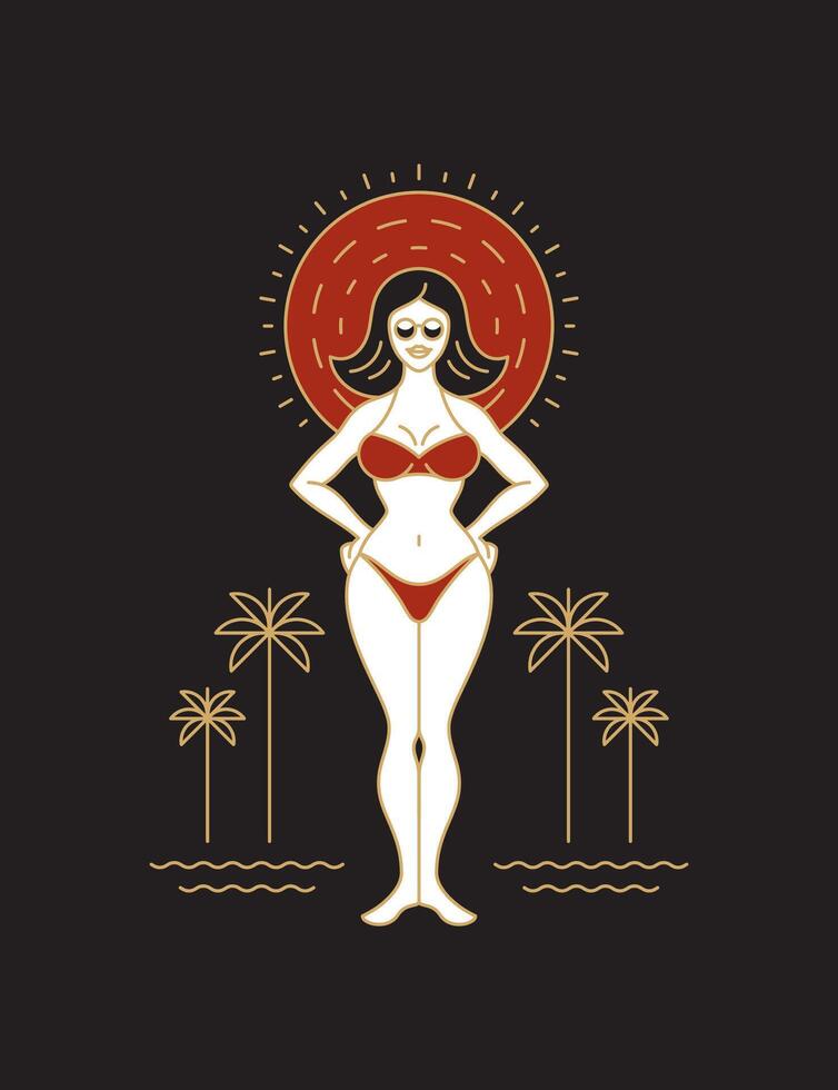 Positive modern line art style girl or woman on beach vector