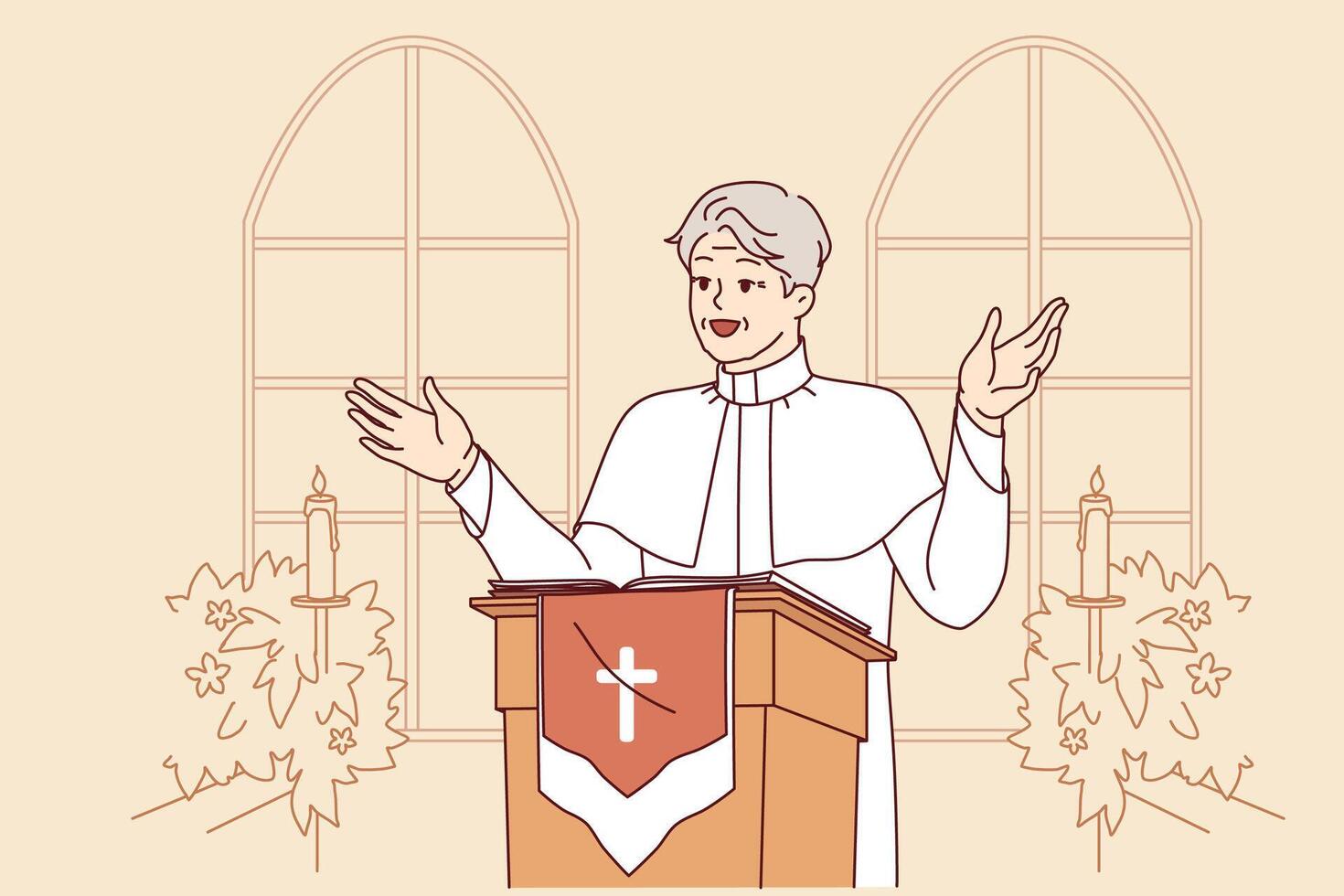 Man priest with smile leads sermon in catholic church, standing behind podium with crucifix vector