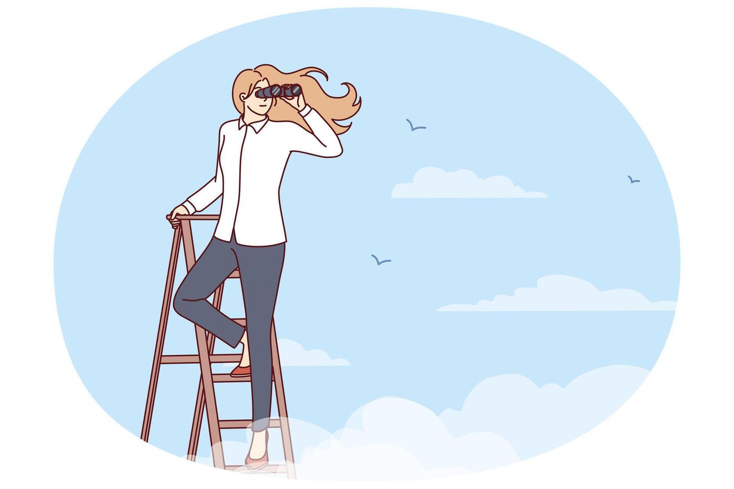 Woman leader stands on top of stepladder among clouds and looks into distance through binoculars vector