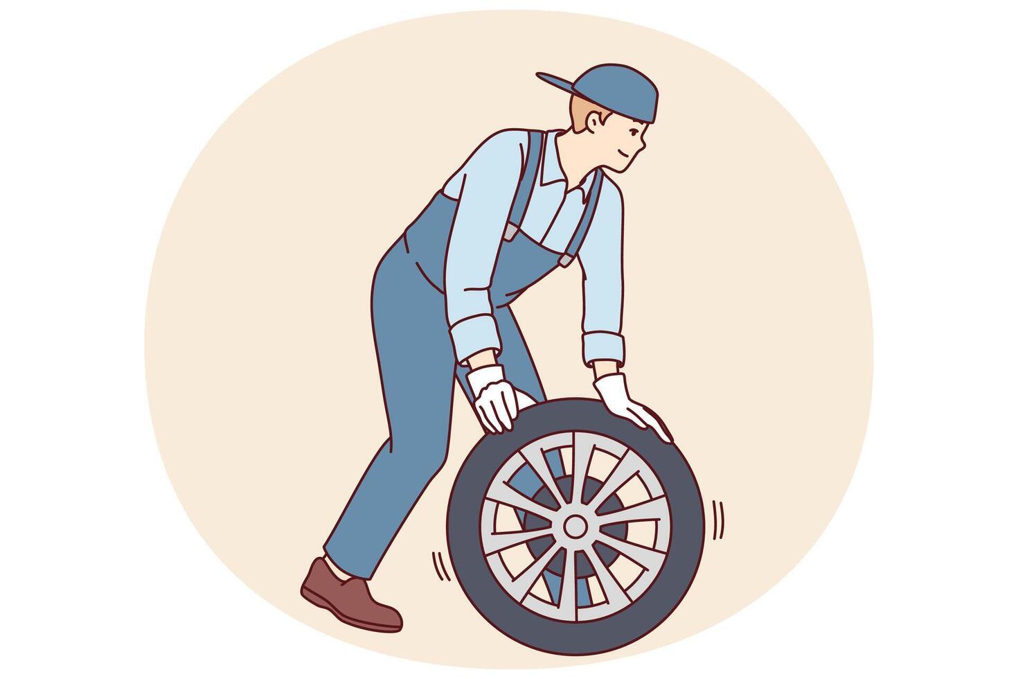 Man automobile repairman changes car wheel to new one to perform scheduled inspection vector
