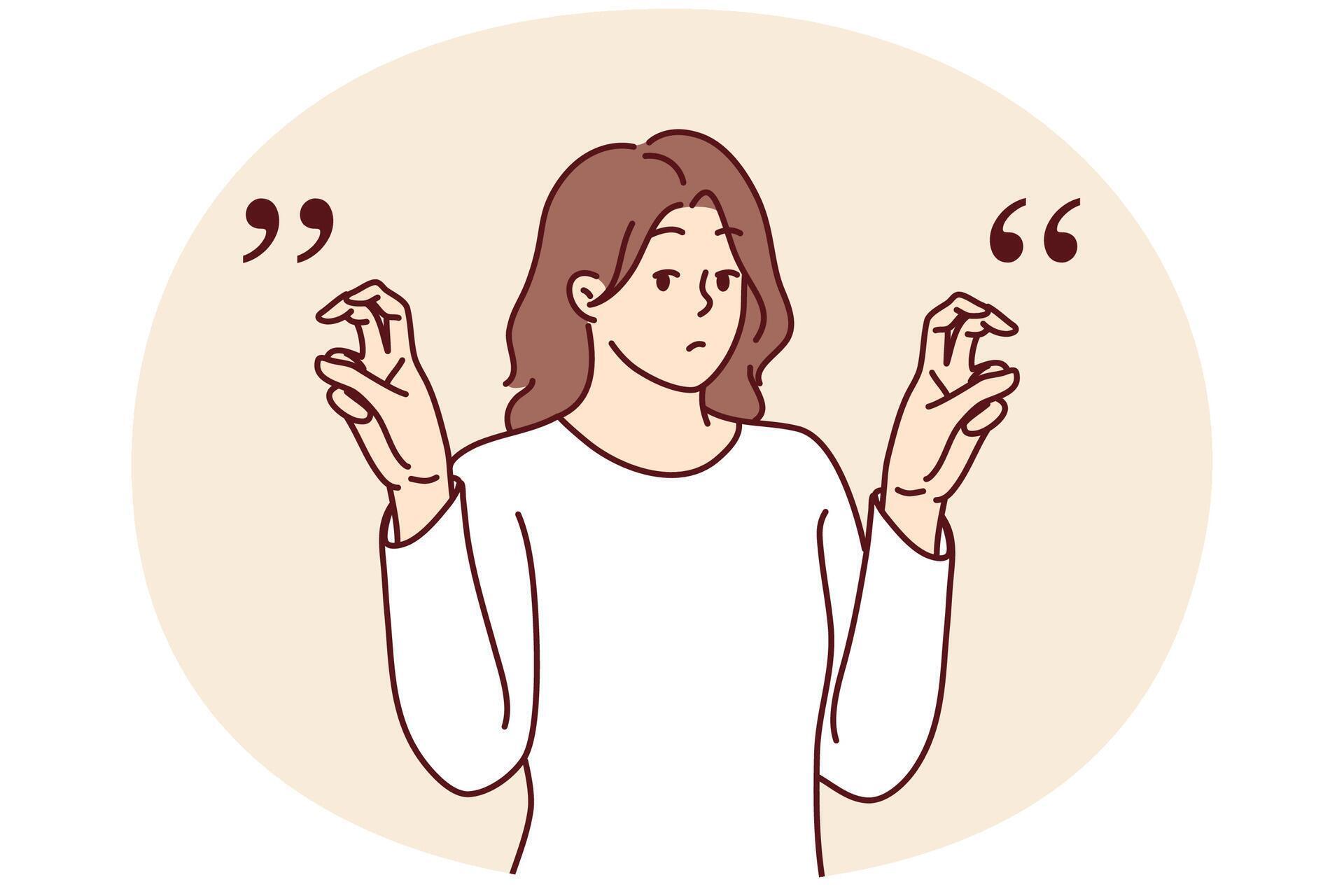 Young woman gesticulates with quotation marks with fingers while saying