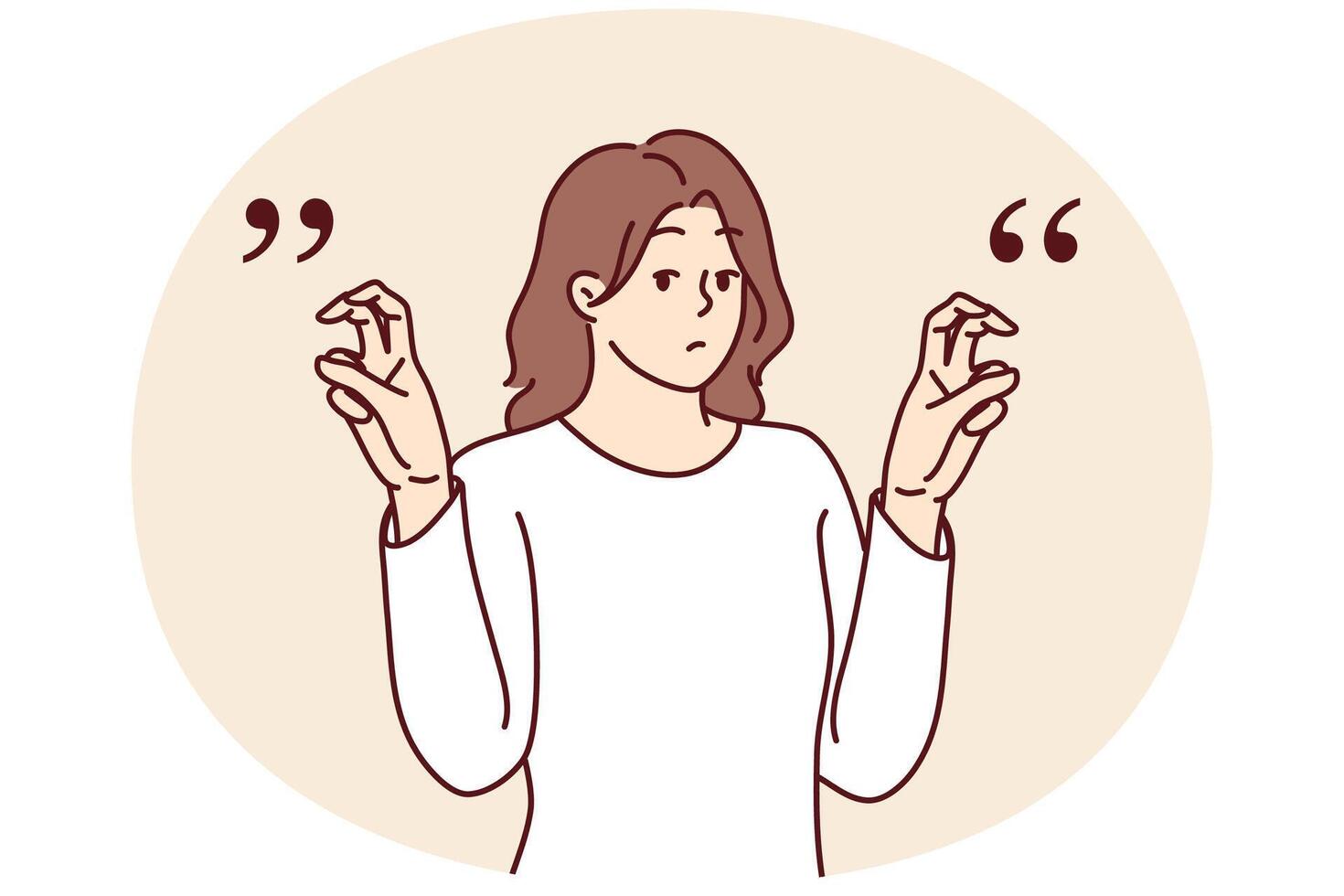 Young woman gesticulates with quotation marks with fingers while saying sarcastic words or hints vector