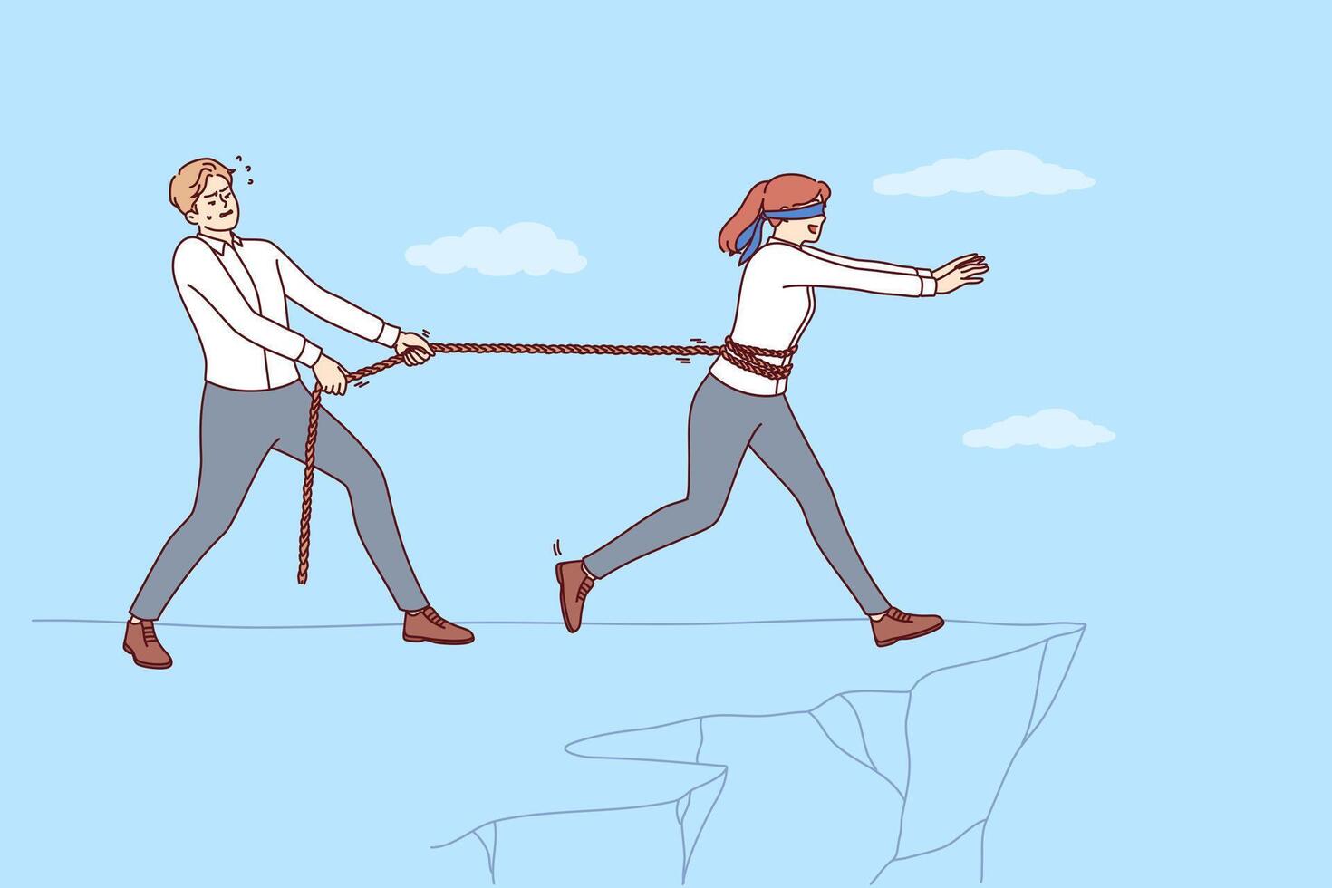 Man business mentor saves subordinate from failure, pulling rope tied to girl walking towards cliff vector