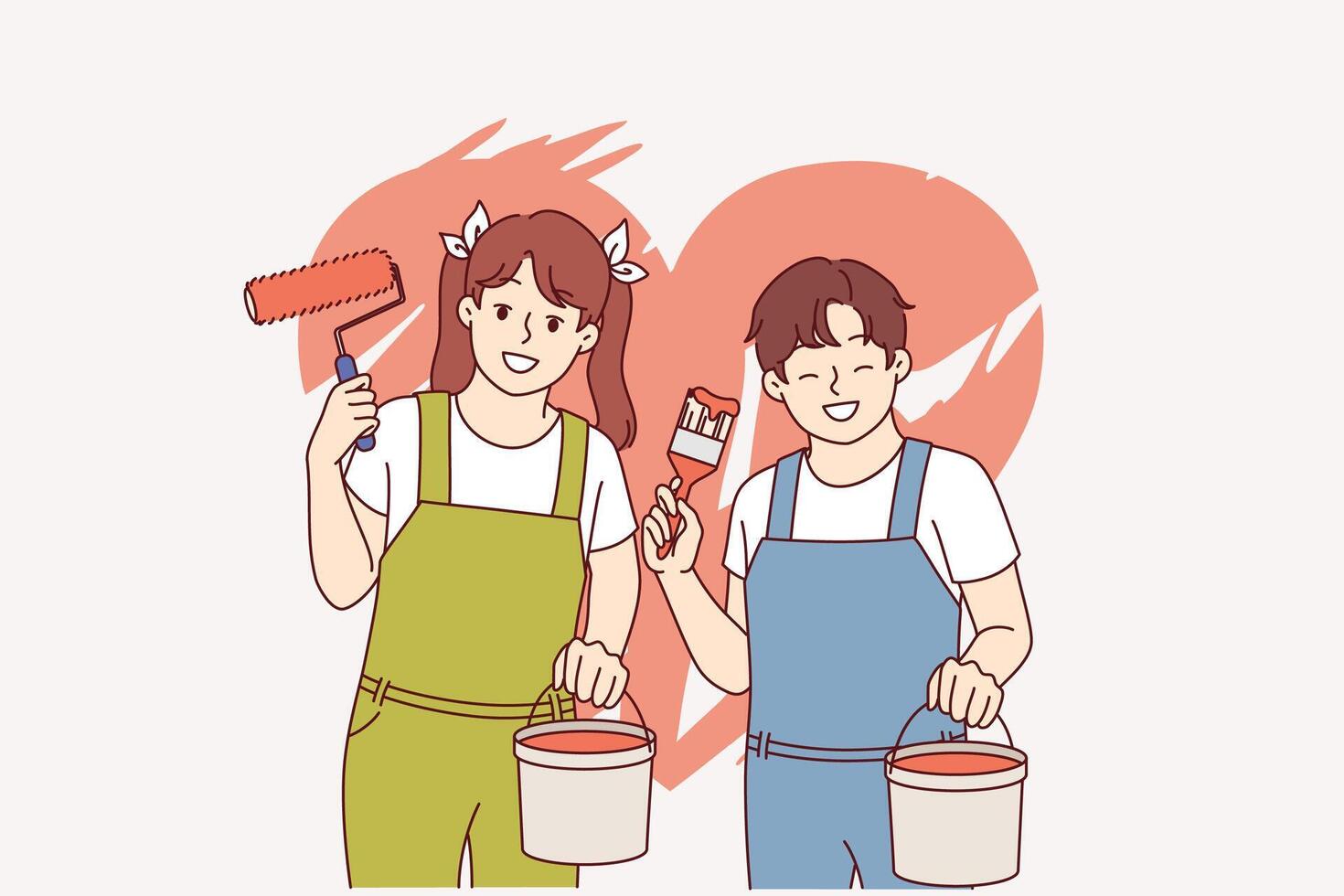 Little boy and girl painted heart on wall using bucket of paint and roller with brush vector