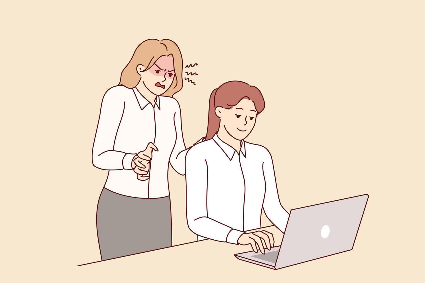 Irritated woman manager scolds subordinate employee with laptop, for workplace bullying concept vector