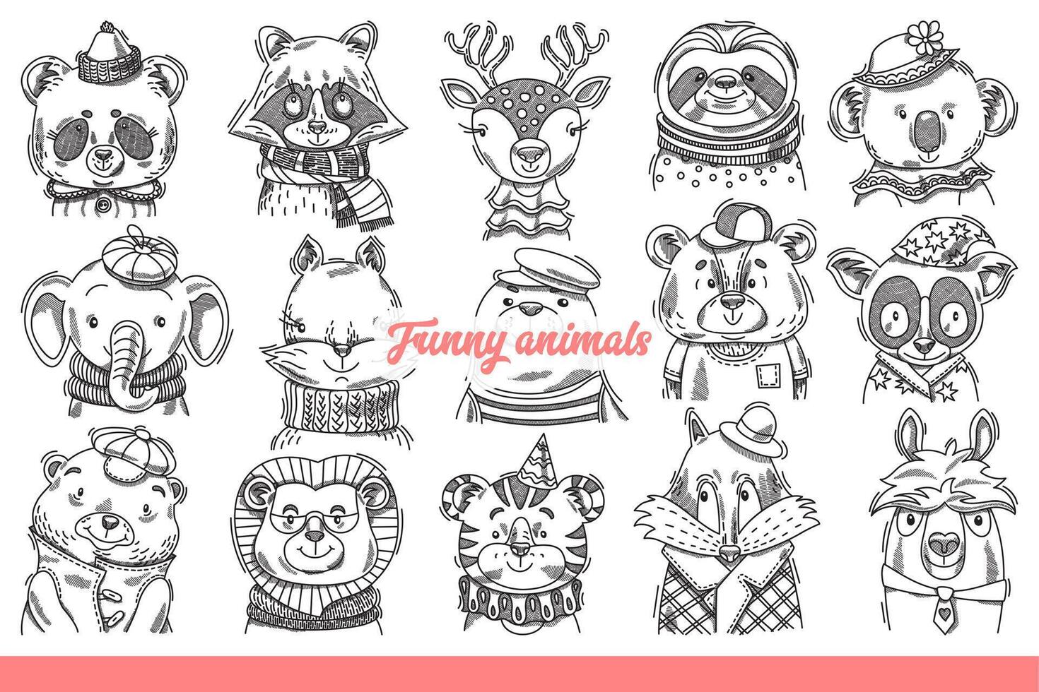 Faces of funny animals from forest or savannah dressed in clothes and hats. Hand drawn doodle vector