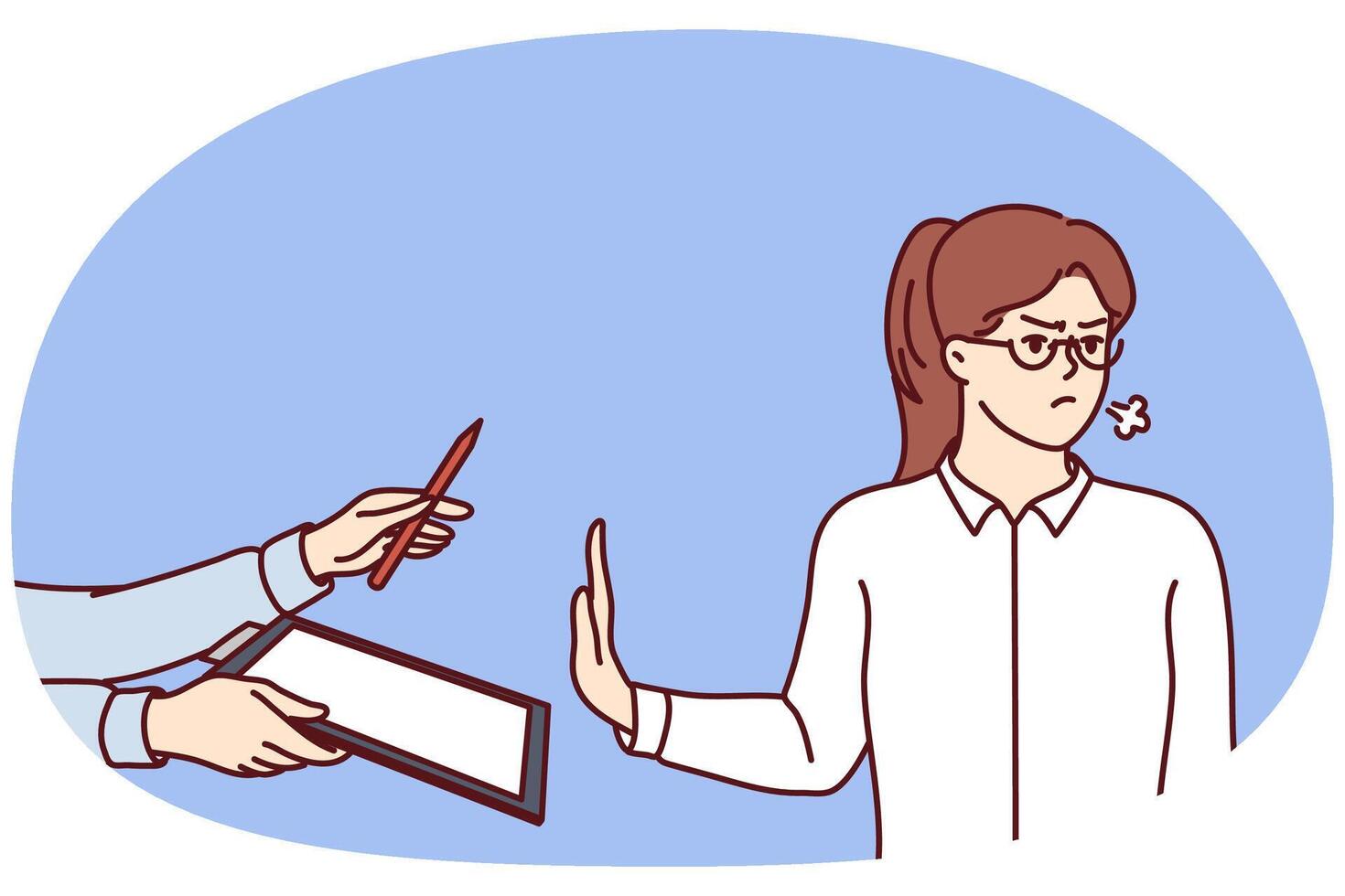 Angry woman making stop gesture suspending business deal and refusing to sign contract vector