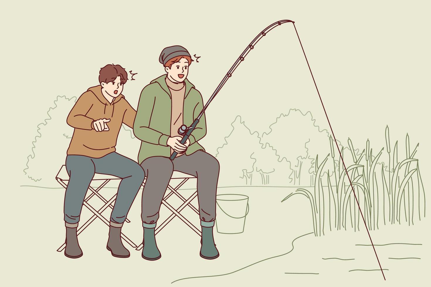 Son and father are fishing in lake, mouths open in anticipation of big catch at sight of fish vector