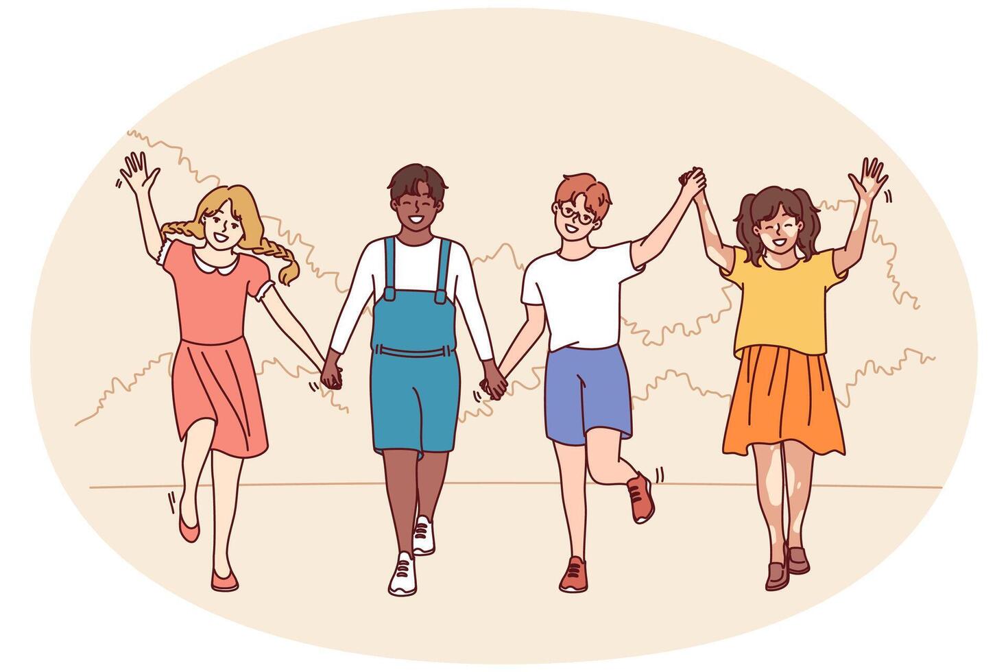 Friends teenagers diversity nationalities and races walk in park holding hands enjoying friendship vector