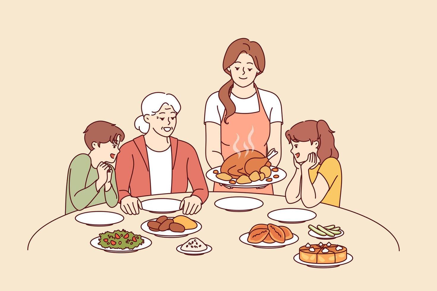 Family celebration of thanksgiving with joint dinner and delicious traditions turkey vector