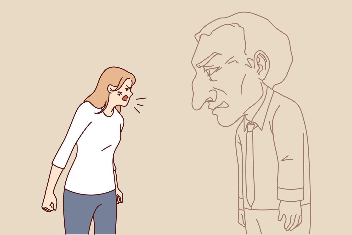 Angry woman screams at imaginary interlocutor, experiencing psychologically distress vector