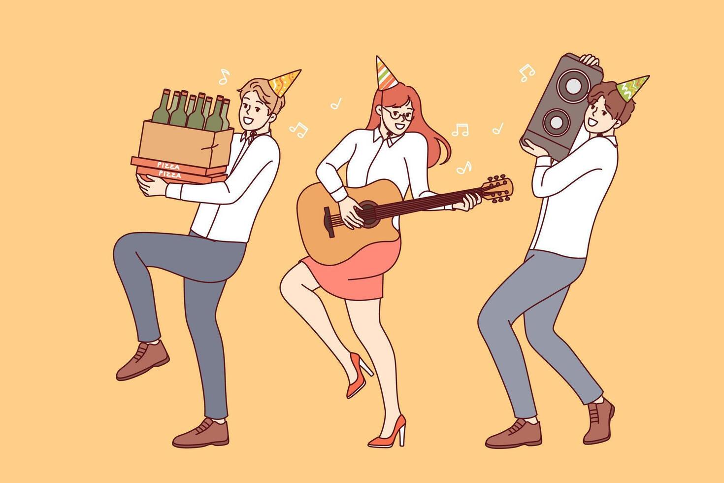 Cheerful friends rush to party with alcohol and musical equipment, rejoicing at coming weekend vector