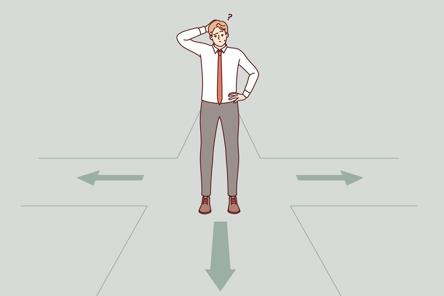 Thoughtful business man makes choice standing at crossroads and accepts difficult decision vector