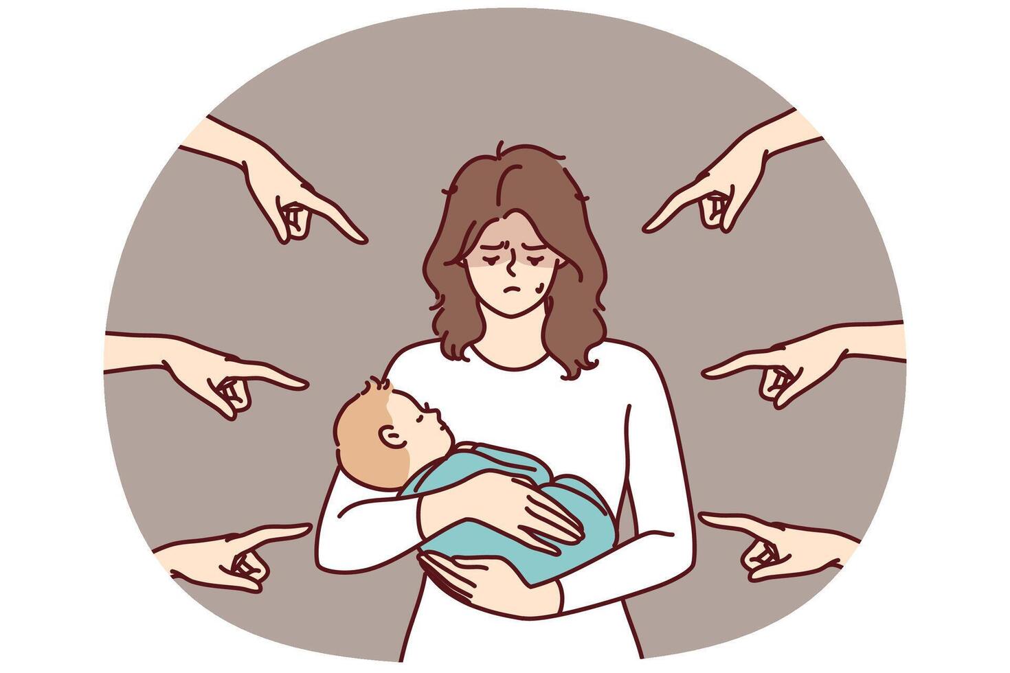 Young mother with baby in arms is ashamed because condemnation surrounding people pointing fingers vector