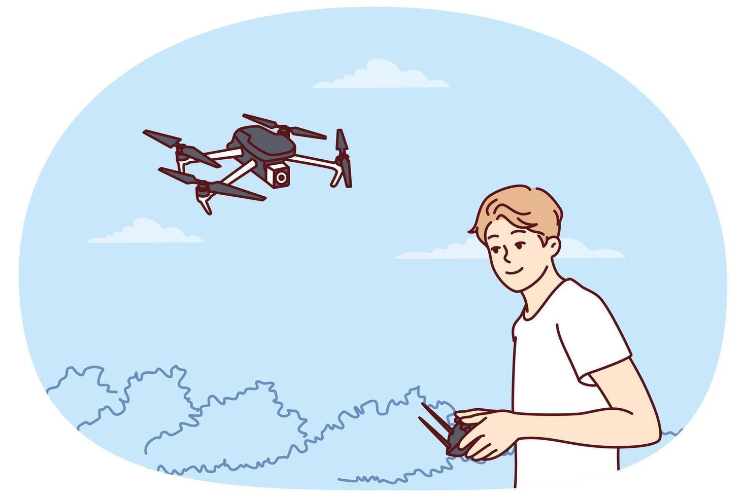 Teenage boy launches quadcopter using remote control and makes aerial photography from drone vector