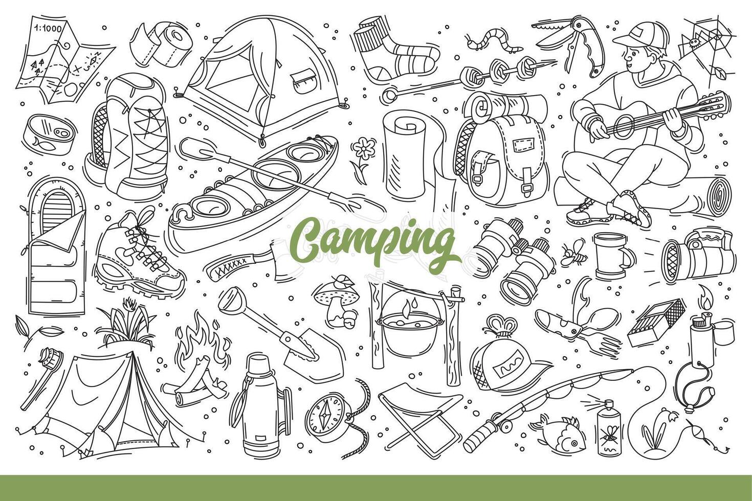 Camping equipment for hiking and active tourism to maintain health. Hand drawn doodle vector