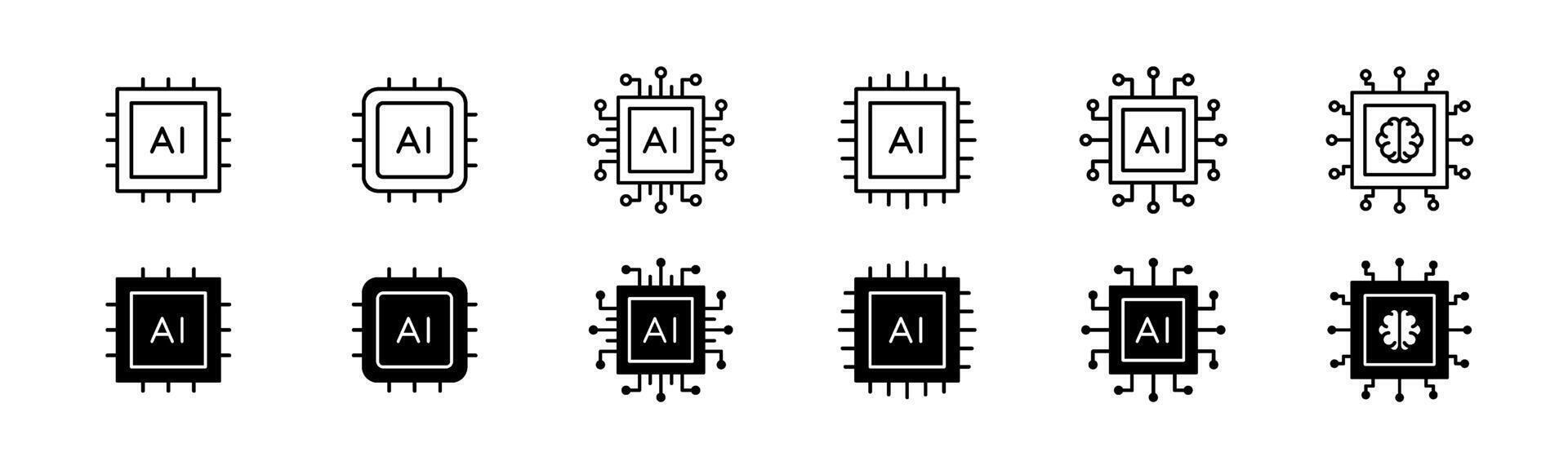 AI chip icon set. Line and glyph AI processor chip. Artificial intelligence microchip icon set vector