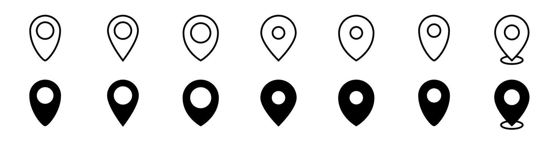 Location pin set. Line and glyph map location marker. Position pin set vector