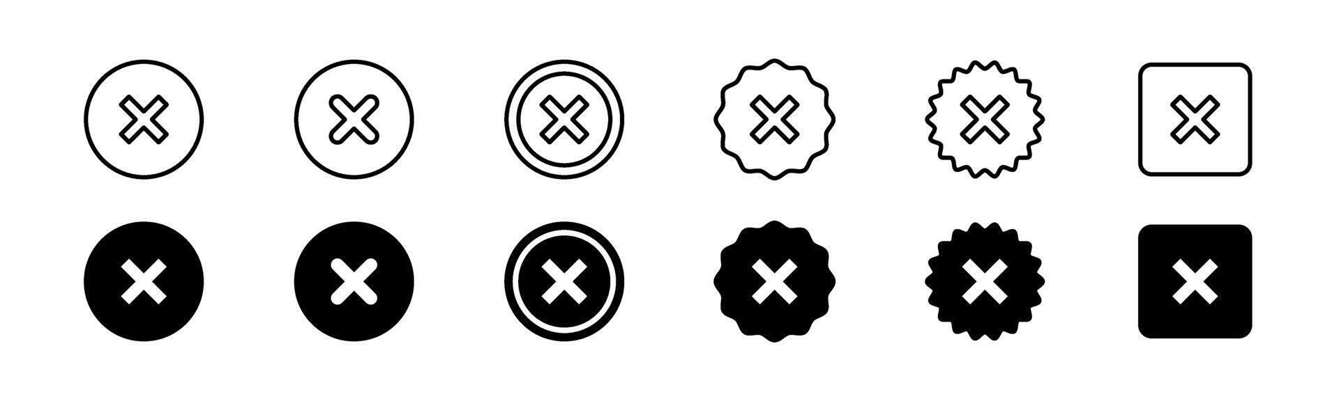 Cross mark icon set. Error x mark. Line and glyph wrong cross mark set vector