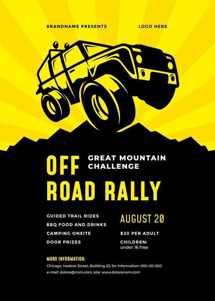 Off road truck competition poster or flyer event modern typography design template and 4x4 suv car silhouette. vector