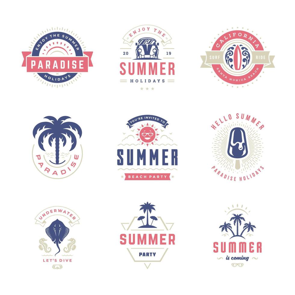 Summer holiday labels and badges retro design set vector