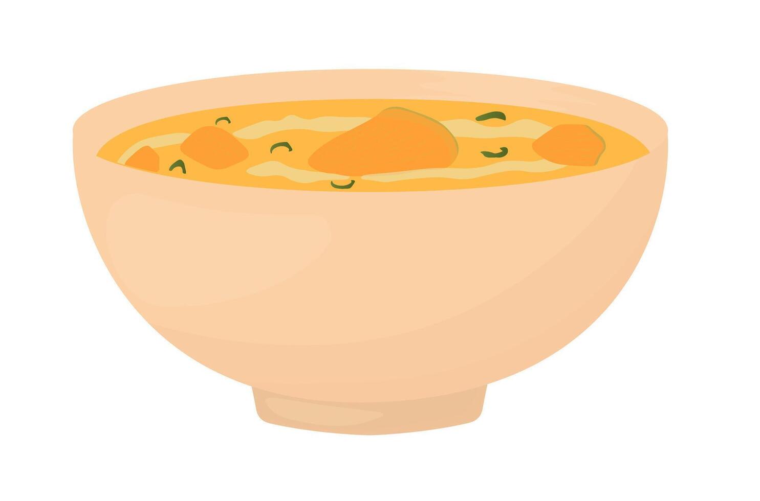 Pumpkin soup in pot saucepan bowl. Vegetarian food. Kitchen recipe menu. vector