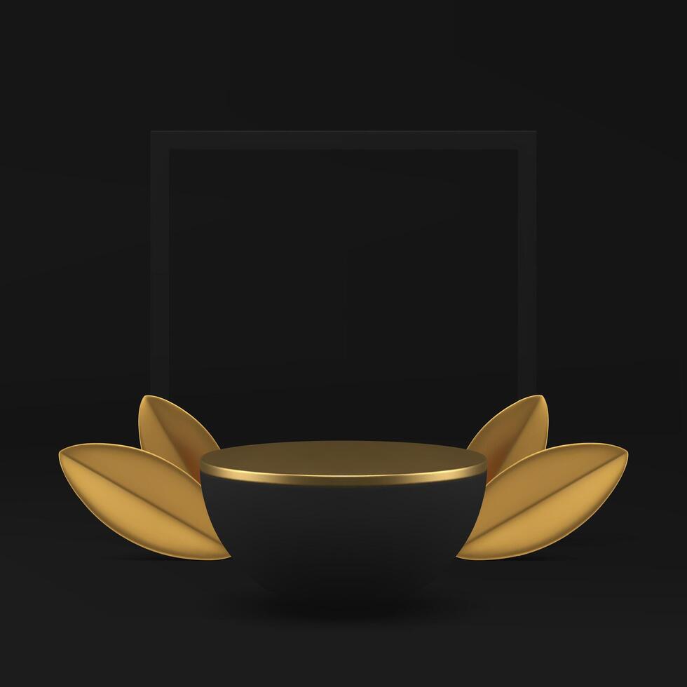 3d black hemisphere podium pedestal with golden leaves and frame wall background realistic vector