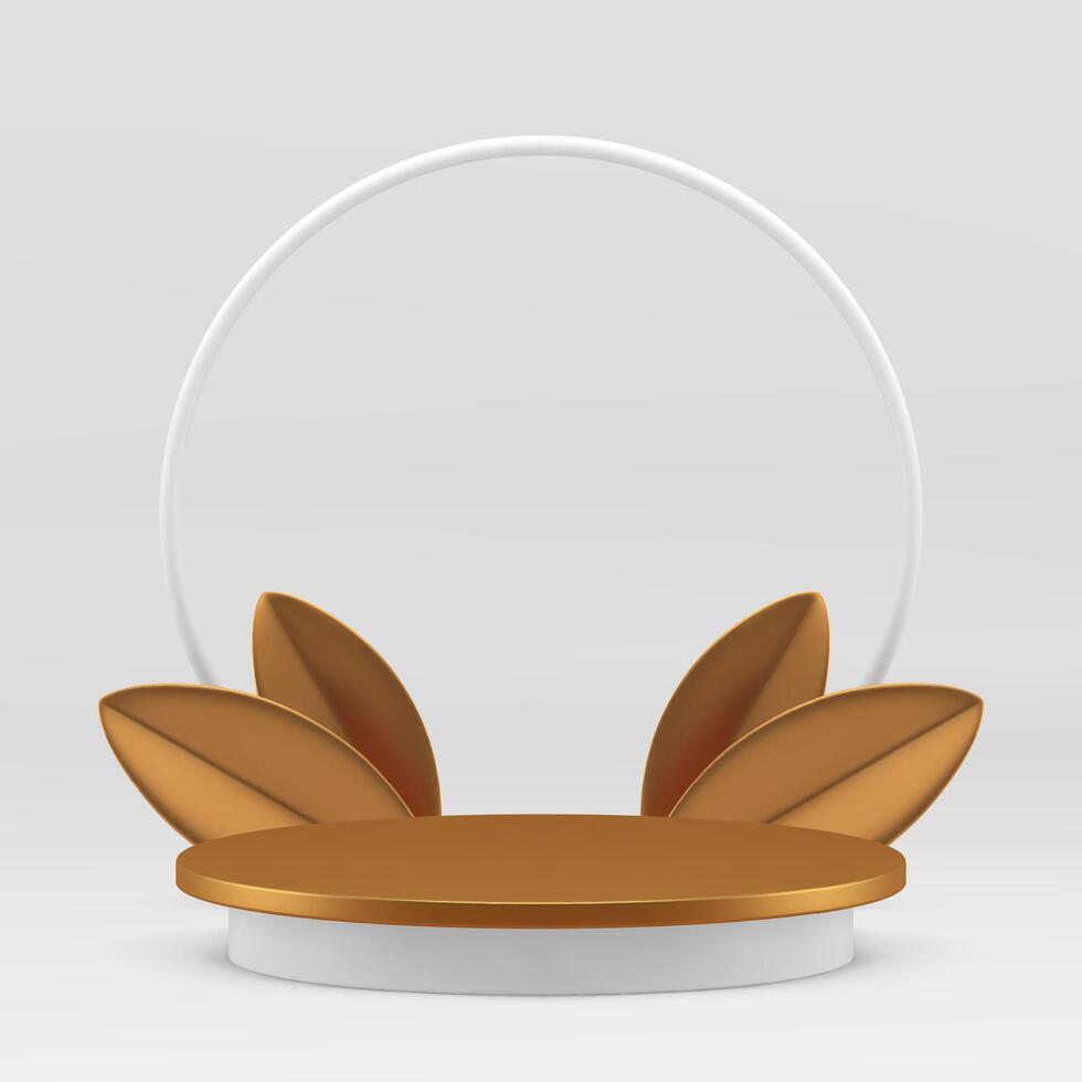 3d luxury podium pedestal with golden leaves and circle frame realistic illustration vector