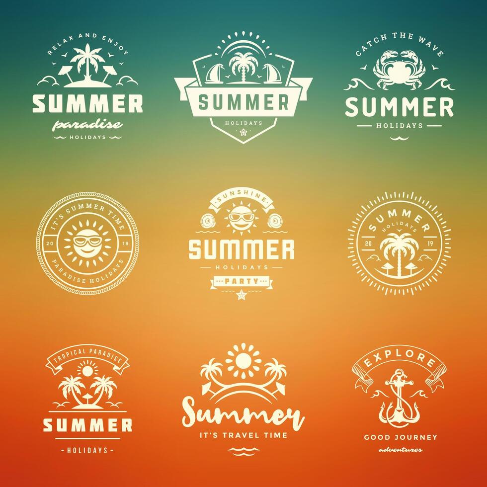 Summer holidays labels and badges retro typography design set. vector