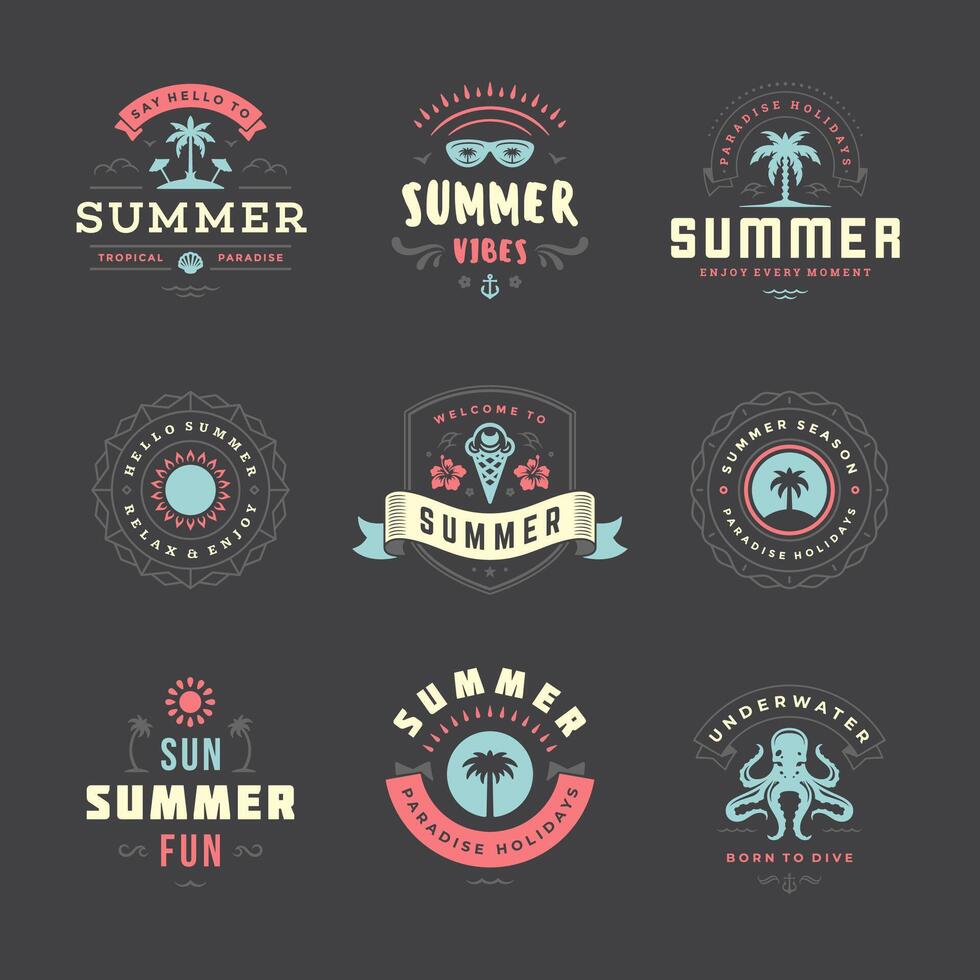 Summer holiday labels and badges retro design set vector
