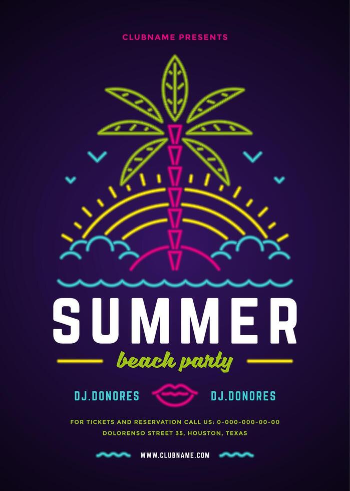 Summer beach party flyer or poster template neon signage lights typography style design. vector