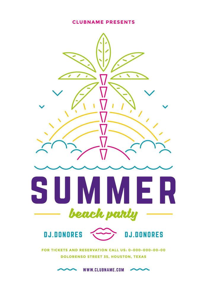 Summer beach party flyer or poster template modern lines typography style design. vector