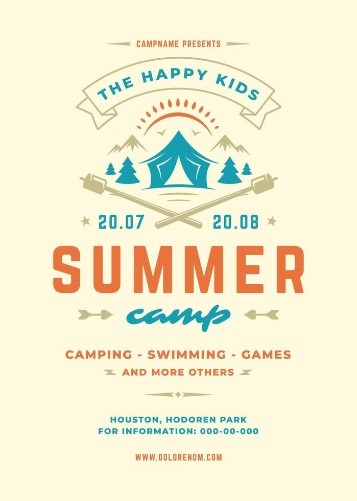 Kids summer camp poster or flyer event retro typography design template and forest lanscape and tent background vector