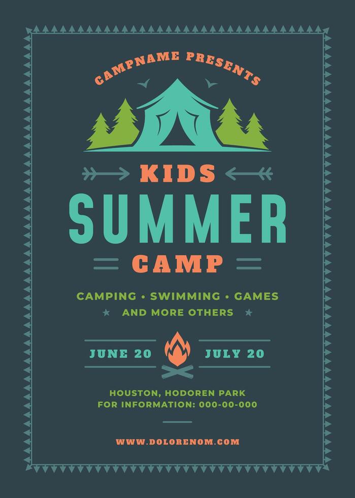 Kids summer camp poster or flyer event retro typography design template and forest lanscape and tent background vector