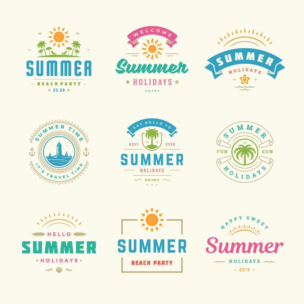 Summer holidays labels and badges retro typography design set. vector