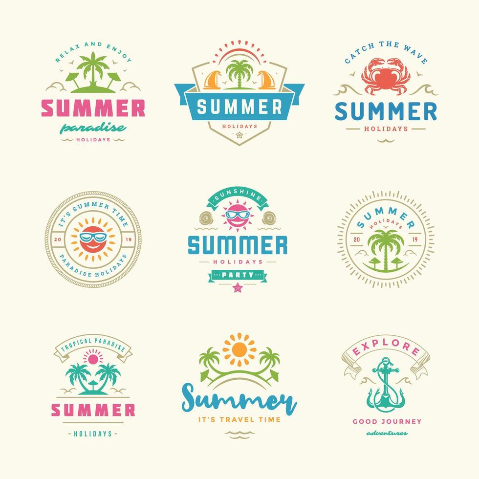 Summer holidays labels and badges retro typography design set. vector