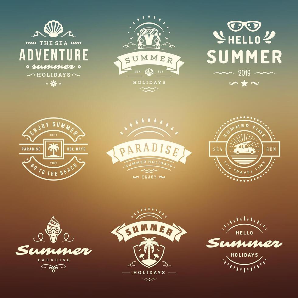 Summer holidays labels and badges retro typography design set. vector