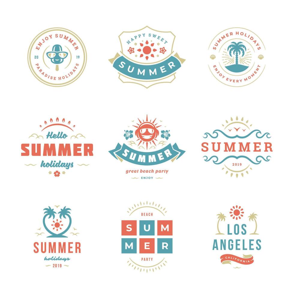 Summer holidays labels and badges retro typography design set. vector