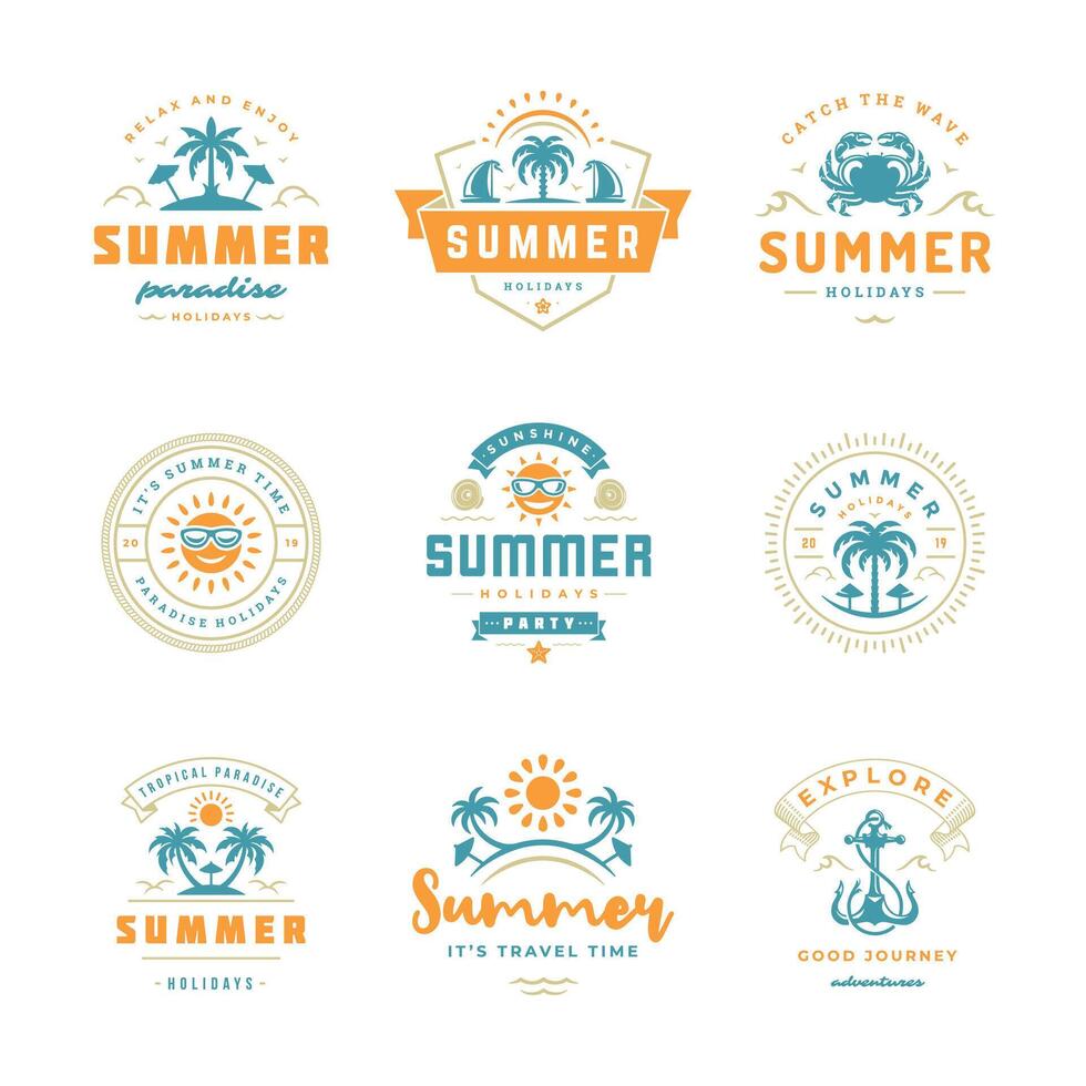 Summer holidays labels and badges retro typography design set. vector