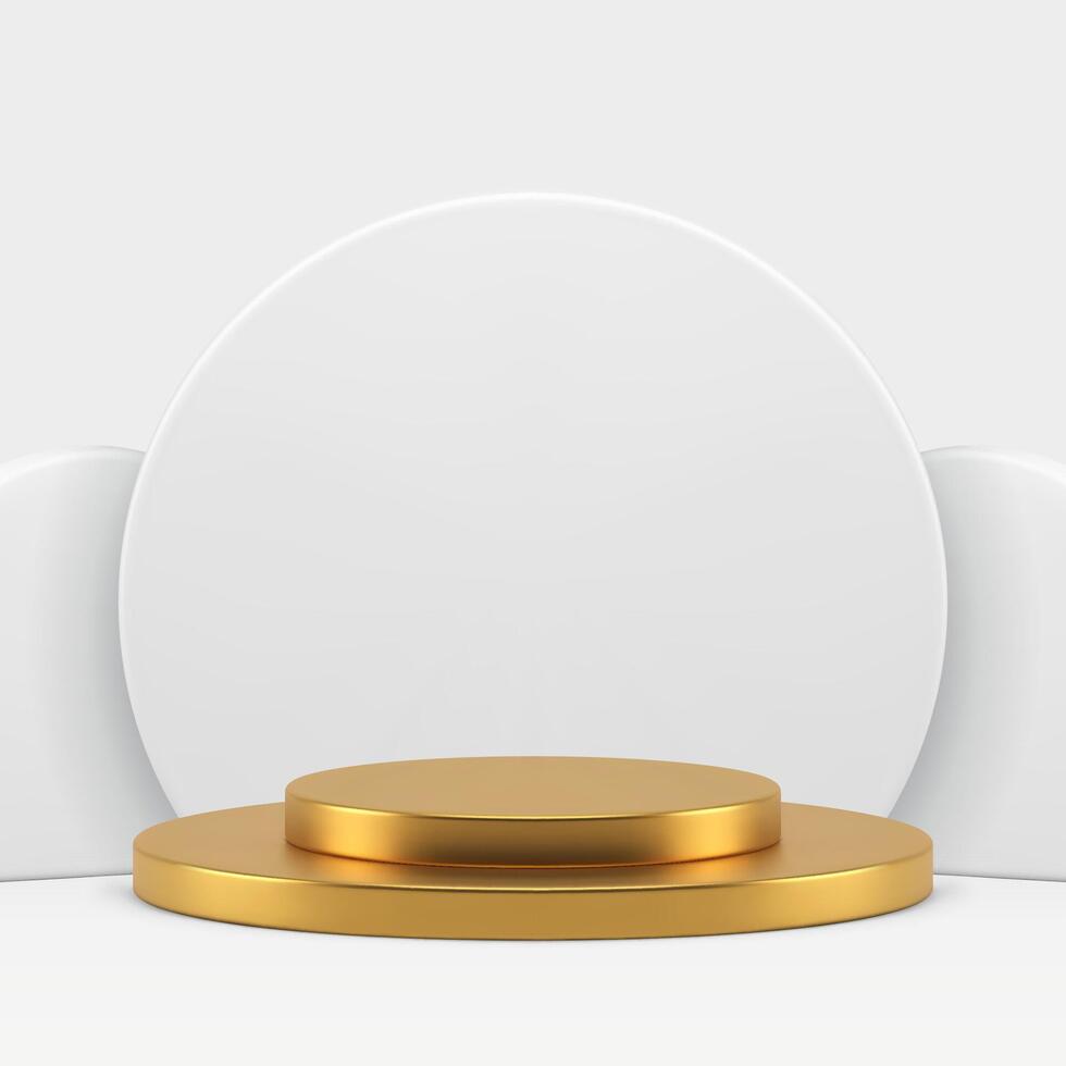 Cylinder golden 3d podium pedestal with white round wall background showcase realistic vector