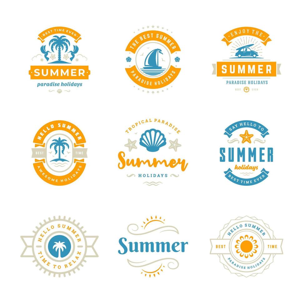 Summer holidays labels and badges retro typography design set. vector