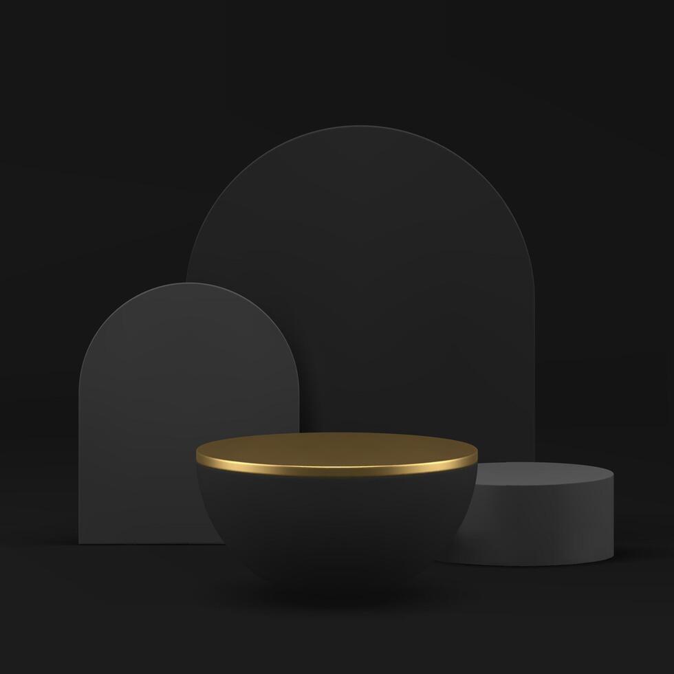 Black 3d hemisphere podium pedestal with geometric wall background realistic vector