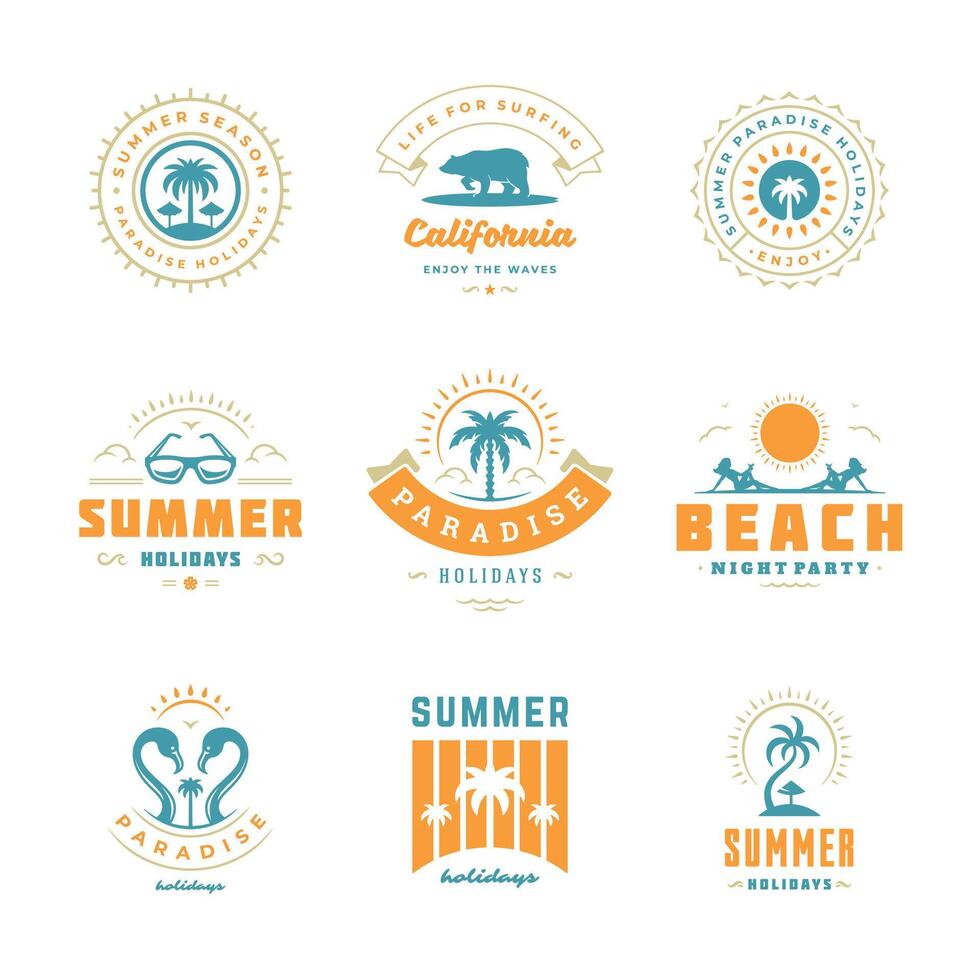 Summer holidays labels and badges retro typography design set. vector