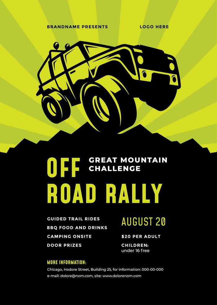 Off road truck competition poster or flyer event modern typography design template and 4x4 suv car silhouette. vector