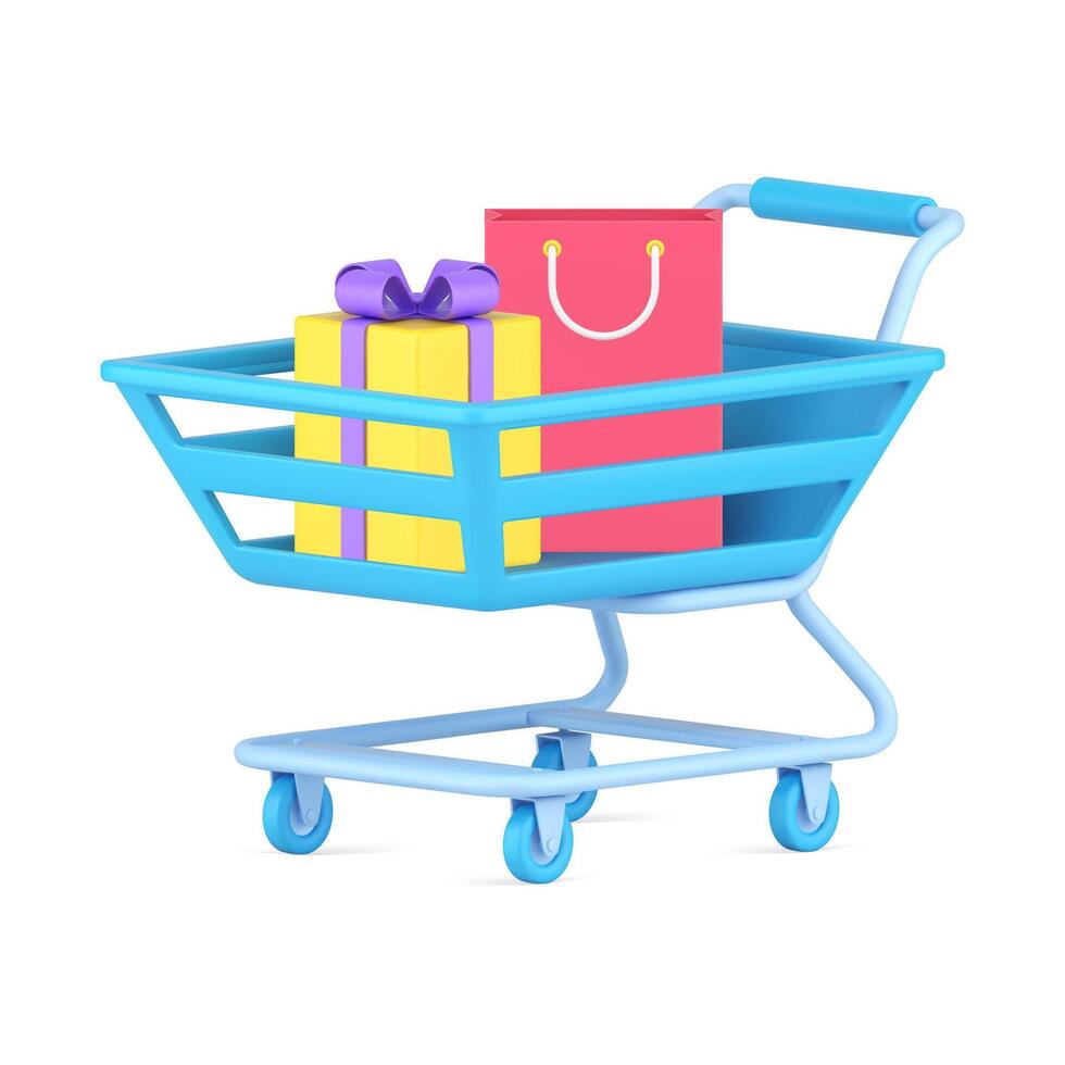 Shopping cart with purchases 3d icon. Blue basket yellow gift and red bag vector