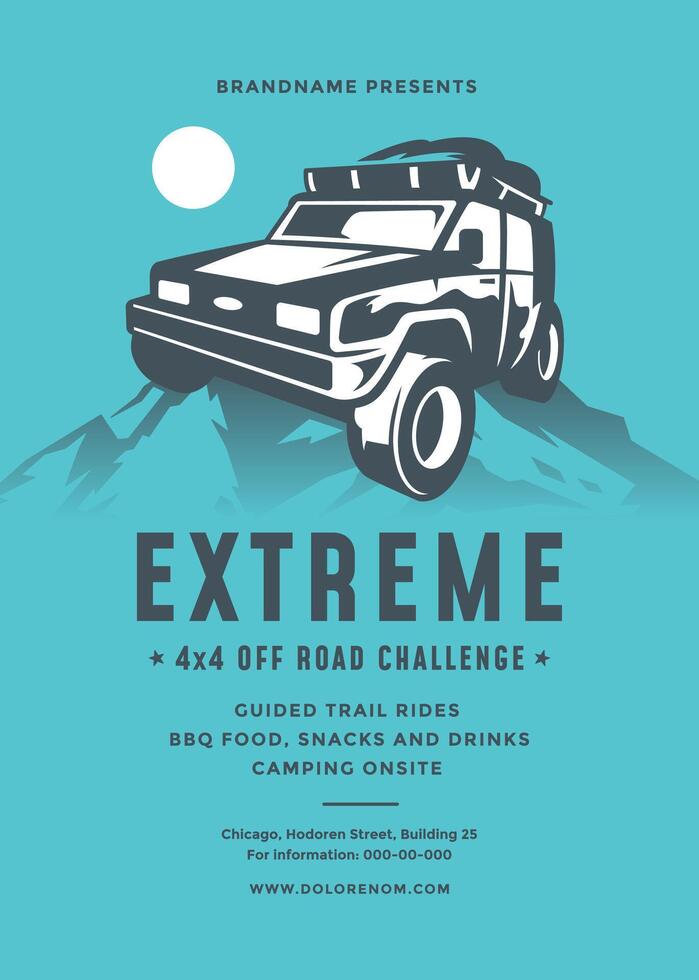 Off road truck competition poster or flyer event modern typography design template and 4x4 suv car silhouette. vector